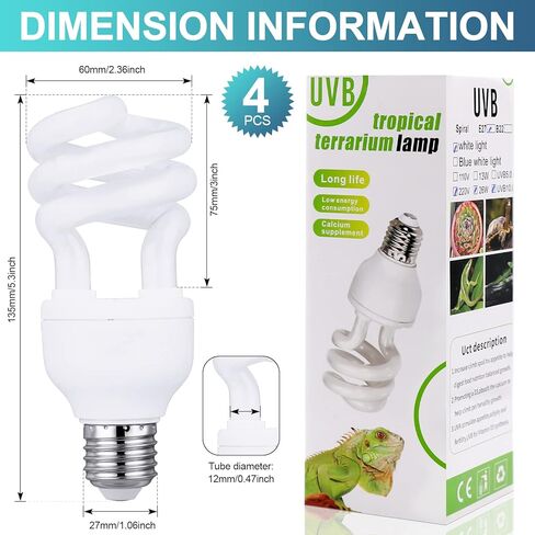 4 قطع من مصابيح الزواحف UVB 10.0 26 واط، مصباح الزواحف UVB للزواحف الصحراوية الاستوائية/شبه الاستوائية، ضوء فلورسنت محاكي للزواحف والسلاحف والتنين الملتحي والسحلية والبريص in Kuwait