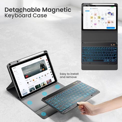 Magnetic Keyboard Case for iPad (A16) 11th 10th Generation 11/10.9 inch, 7 Color Backlit Detachable Wireless Keyboard 360 Rotatable Cover with Pencil Holder for New iPad 10th Gen 2022 - Black in Saudi Arabia