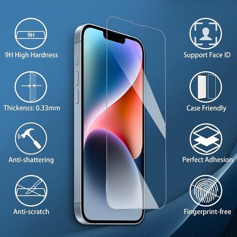 3 Pack Screen Protector Compatible with iPhone 14/13/13 Pro with Installation Frame, Anti-Scratch 9H Hardness Tempered Glass, Bubble Free, Case Friendly in Saudi Arabia