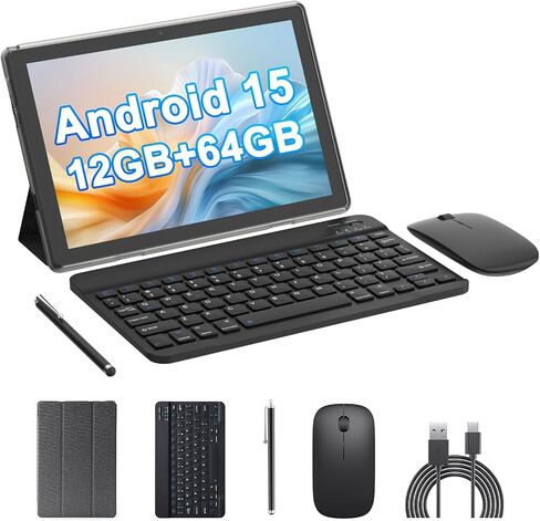 10" Android 15 Tablet Kit with Case/Stylus, 12(4+8Expand) GB RAM+64GB ROM, 2+8MP Dual Camera, 6000mAh Battery (Tablet+case+Stylus+beyboard+Mouse), Blue, in Saudi Arabia