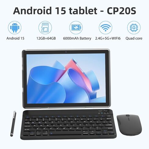 10" Android 15 Tablet Kit with Case/Stylus, 12(4+8Expand) GB RAM+64GB ROM, 2+8MP Dual Camera, 6000mAh Battery (Tablet+case+Stylus+beyboard+Mouse), Blue, in Saudi Arabia