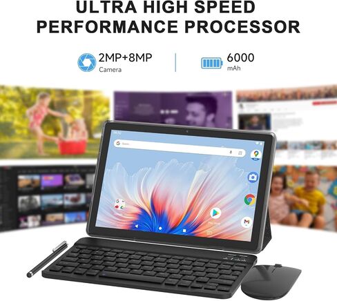 10" Android 15 Tablet Kit with Case/Stylus, 12(4+8Expand) GB RAM+64GB ROM, 2+8MP Dual Camera, 6000mAh Battery (Tablet+case+Stylus+beyboard+Mouse), Blue, in Saudi Arabia