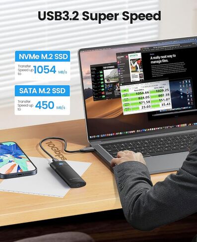 ORICO 1 تيرابايت DIY SSD محمول - ما يصل إلى 1000 ميجابايت/ثانية - USB-C، 1 تيرابايت Gen 3x4 SSD مع حاوية USB 3.2 Type-C إلى M.2 SSD بسرعة 10 جيجابت في الثانية لـ NVMe M.2(M-Key/B+M-Key) SSD-PWDM2 in Kuwait