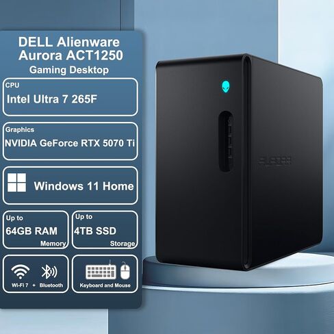 كمبيوتر سطح المكتب Dell Alienware Aurora ACT1250 للألعاب Intel 20-core Ultra 7 265F (>i7-14700) ذاكرة الوصول العشوائي 64 جيجابايت 2 تيرابايت SSD GeForce RTX 5070 Ti 16 جيجابايت GDDR7 DLSS4 Wi-Fi7 1000W PSU مبرد سائل للألعاب AI Win11Pro ICP Hub in Saudi Arabia