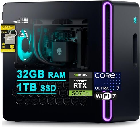 كمبيوتر سطح المكتب Dell Alienware Aurora ACT1250 للألعاب Intel 20-core Ultra 7 265F (>i7-14700) ذاكرة الوصول العشوائي 64 جيجابايت 2 تيرابايت SSD GeForce RTX 5070 Ti 16 جيجابايت GDDR7 DLSS4 Wi-Fi7 1000W PSU مبرد سائل للألعاب AI Win11Pro ICP Hub in Saudi Arabia
