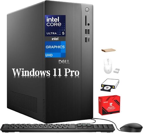 كمبيوتر سطح المكتب Dell Tower - Intel 10-Core Ultra 5 225 (حتى 4.9 جيجا هرتز)، Intel UHD Graphics، Windows 11 Pro، Wi-Fi 6، Bluetooth 5.4، مع الملحقات (16 جيجابايت DDR5 | 1 تيرابايت SSD) in Saudi Arabia