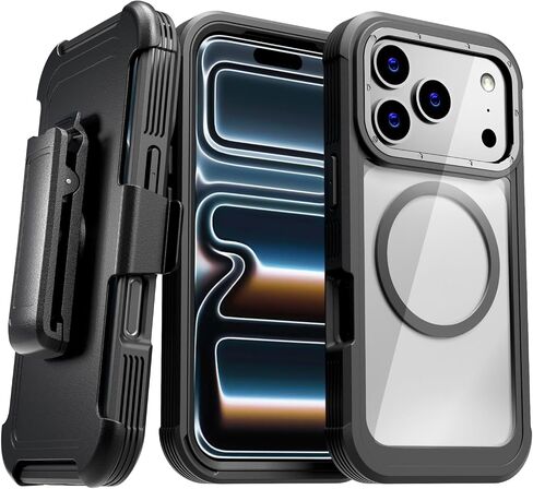 حافظة مصممة لهاتف iPhone 17 Pro مع حافظة بمشبك حزام، وغطاء نحيف بمسند متوافق مع شواحن Magsafe - حافظة هاتف لهاتف iPhone 17 Pro - أسود in Kuwait