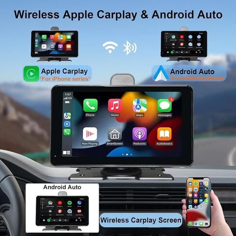 Wireless Carplay Screen for Car, 7'' Portable Car Play with Backup Camera, 4K Dash Cam, for Apple Carplay & Android Auto, GPS Navigation, Car Audio Receivers Bluetooth/Mirror Link/FM/Siri 64G in Saudi Arabia