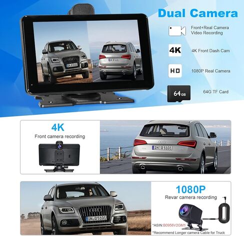 Wireless Carplay Screen for Car, 7'' Portable Car Play with Backup Camera, 4K Dash Cam, for Apple Carplay & Android Auto, GPS Navigation, Car Audio Receivers Bluetooth/Mirror Link/FM/Siri 64G in Saudi Arabia