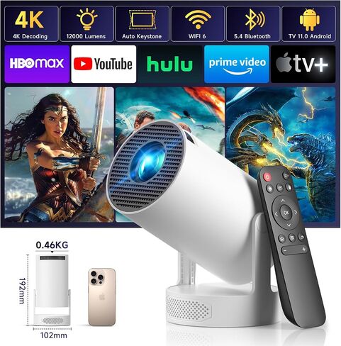 SGV Smart Mini Projector for Bedroom, 4K Support, Portable Outdoor Projector with Android 12, WiFi and Bluetooth 5.2, Auto Keystone, for Home Theater Outdoor Movie in Saudi Arabia
