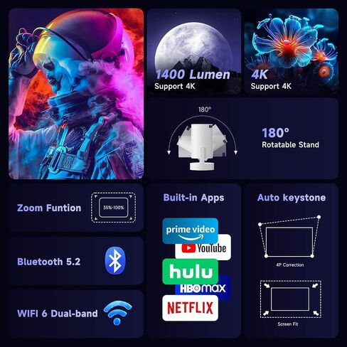 SGV Smart Mini Projector for Bedroom, 4K Support, Portable Outdoor Projector with Android 12, WiFi and Bluetooth 5.2, Auto Keystone, for Home Theater Outdoor Movie in Saudi Arabia