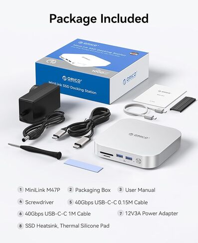 ORICO MiniLink 40 جيجابت في الثانية Mac mini M4 Dock، محطة إرساء 7 في 1 USB 4 مع فتحات NVMe M.2 SSD مزدوجة، منافذ توسيع USB-A بسرعة 10 جيجابت في الثانية، قارئ بطاقات SD/TF 4.0 لجهاز Mac mini-M47P in Saudi Arabia