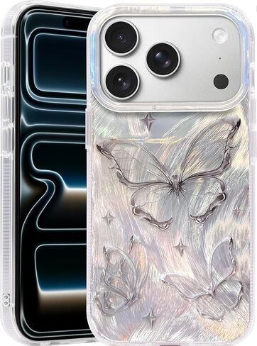 حافظة مدمجة I-MGAE-IN-AR لهاتف iPhone 17 Pro Max بتصميم فراشة فضية لامعة، حافظة هاتف واقية مقاومة للصدمات وناعمة وعصرية لطيفة للنساء والفتيات لامعة جمالية in Saudi Arabia