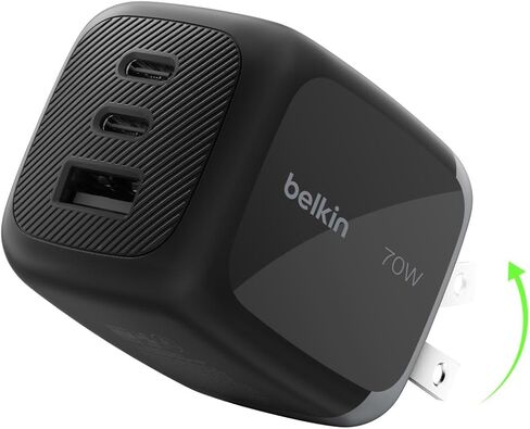 Belkin 3-Port USB C Charger Block 70W, Multi-Port GaN Wall Charger w/ 2X USB C Ports & 1x USB A Port, Fast Charging for MacBook, iPhone 17, iPad Pro, Samsung Galaxy S25, Google Pixel 10, & More in Kuwait