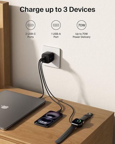 Belkin 3-Port USB C Charger Block 70W, Multi-Port GaN Wall Charger w/ 2X USB C Ports & 1x USB A Port, Fast Charging for MacBook, iPhone 17, iPad Pro, Samsung Galaxy S25, Google Pixel 10, & More in Kuwait