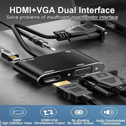 محول VGA إلى HDMI VGA، مقسم VGA، للكمبيوتر، سطح المكتب، الكمبيوتر المحمول، الكمبيوتر الشخصي، الشاشة، واجهة الطاقة ذكر إلى أنثى HD مزامنة الصوت والفيديو بدقة 1080 بكسل (أسود) in Kuwait