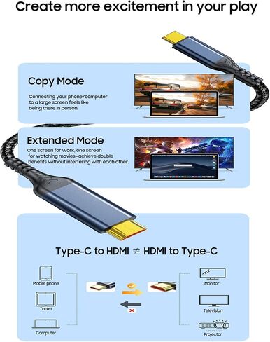 Type-C to HDMI Braided Cable (5.9 ft), Thunderbolt 3/4 Adapter, [4K@30Hz / 2K@144Hz ] High-Definition Projection Display Cable. Compatible with iPhone 15, 16, Plus, Pro, and Pro Max models. in Saudi Arabia