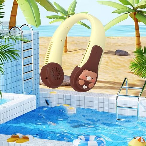 Neck Fan Cartoon Cooling Fan Portable USB Rechargeable Quiet Operation Anti Twist AC Fan with Built in Battery Kids Adults Outdoor Sports (Bear) in Saudi Arabia