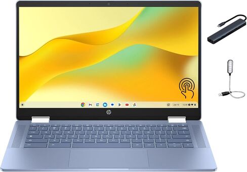 HP Chromebook x360 14 inch FHD IPS Touch 2-in-1 Laptop, Intel Processor N100, 4GB RAM, 64GB eMMC, Copilot AI, Chrome OS, Sky Blue with HEXAccessories in Saudi Arabia