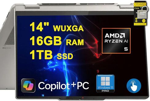 Lenovo Yoga 7 2 في 1 كمبيوتر محمول 14 بوصة WUXGA OLED Touch (100% DCI-P3 600nits HDR) AMD 8-core Ryzen AI 7 350 (ما يصل إلى 50 قطعة علوية) 16 جيجا بايت رام 1 تيرابايت SSD لمنشئ الأعمال الاحترافي Win11Pro ICP Hub مع Copilot+ AI in Saudi Arabia