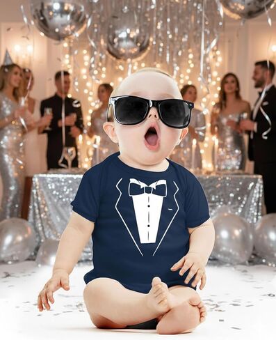 Tstars Baby Boy Tuxedo Bodysuit Bow Tie Infant Wedding Baptism Outfit | Tuxedo look for weddings, baptisms & first birthdays. Soft breathable cotton, snap closure, sizes NB-24M. Baby gift. in Saudi Arabia