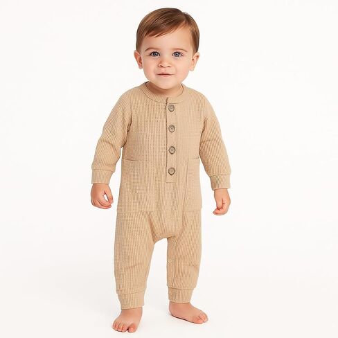 Baby Boys 2 Pack Romper Ribbed Long Sleeve One-Piece Jumpsuit Clothes | Waffles Solid Ribbed Romper,Knit Cotton Jumpsuit,Soft, Breathable, Light-weight,Classic Round Neck with Wooden Buttons in Saudi Arabia