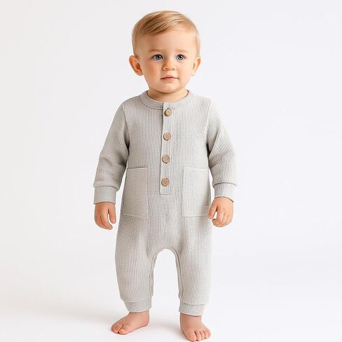 Baby Boys 2 Pack Romper Ribbed Long Sleeve One-Piece Jumpsuit Clothes | Waffles Solid Ribbed Romper,Knit Cotton Jumpsuit,Soft, Breathable, Light-weight,Classic Round Neck with Wooden Buttons in Saudi Arabia