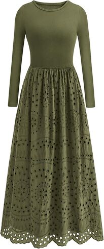 dowerme Women Fall Dresses 2025 Casual Long Sleeve Crewneck A-Line Boho Eyelet Cotton Maxi Wedding Guest Dress Pockets in Saudi Arabia