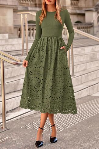 dowerme Women Fall Dresses 2025 Casual Long Sleeve Crewneck A-Line Boho Eyelet Cotton Maxi Wedding Guest Dress Pockets in Saudi Arabia