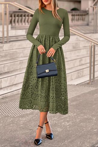 dowerme Women Fall Dresses 2025 Casual Long Sleeve Crewneck A-Line Boho Eyelet Cotton Maxi Wedding Guest Dress Pockets in Saudi Arabia