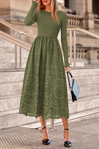 dowerme Women Fall Dresses 2025 Casual Long Sleeve Crewneck A-Line Boho Eyelet Cotton Maxi Wedding Guest Dress Pockets in Saudi Arabia