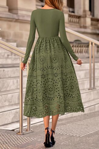 dowerme Women Fall Dresses 2025 Casual Long Sleeve Crewneck A-Line Boho Eyelet Cotton Maxi Wedding Guest Dress Pockets in Saudi Arabia