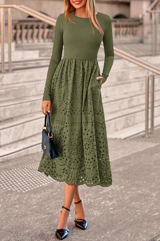 dowerme Women Fall Dresses 2025 Casual Long Sleeve Crewneck A-Line Boho Eyelet Cotton Maxi Wedding Guest Dress Pockets in Saudi Arabia