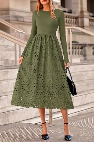 dowerme Women Fall Dresses 2025 Casual Long Sleeve Crewneck A-Line Boho Eyelet Cotton Maxi Wedding Guest Dress Pockets in Saudi Arabia
