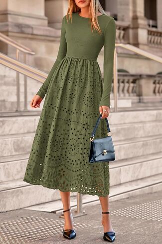 dowerme Women Fall Dresses 2025 Casual Long Sleeve Crewneck A-Line Boho Eyelet Cotton Maxi Wedding Guest Dress Pockets in Saudi Arabia