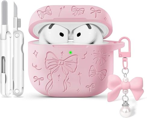 غطاء حافظة Airpods 4، غطاء حماية من السيليكون محفور عليه قوس لطيف من Joremx مع سلسلة مفاتيح، طقم تنظيف لحافظة AirPods الجيل الرابع 2024 (وردي ساكورا) in Kuwait