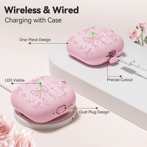 غطاء حافظة Airpods 4، غطاء حماية من السيليكون محفور عليه قوس لطيف من Joremx مع سلسلة مفاتيح، طقم تنظيف لحافظة AirPods الجيل الرابع 2024 (وردي ساكورا) in Kuwait