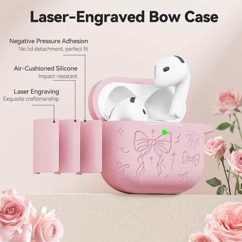 غطاء حافظة Airpods 4، غطاء حماية من السيليكون محفور عليه قوس لطيف من Joremx مع سلسلة مفاتيح، طقم تنظيف لحافظة AirPods الجيل الرابع 2024 (وردي ساكورا) in Kuwait