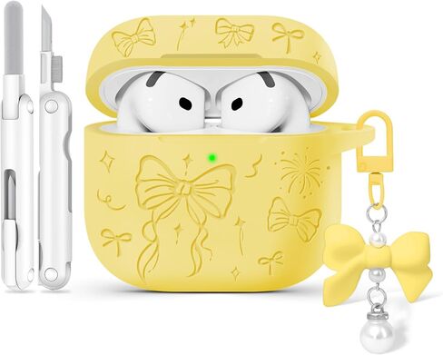 غطاء حافظة Airpods 4، غطاء حماية من السيليكون محفور عليه قوس لطيف من Joremx مع سلسلة مفاتيح، طقم تنظيف لحافظة AirPods الجيل الرابع 2024 (وردي ساكورا) in Kuwait