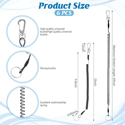 6 PCS Fishing Lanyards, Safety Retractable Coiled Lanyard Spring Coil Cord Keychain, Fishing Tool Tether Steel Wire Coiled Lanyard with Carabiner and Split Ring for Pliers Boating Kayak Pliers Boating in Saudi Arabia