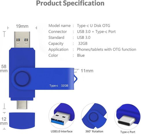 128GB Type-C USB Flash Drive USB 3.0/ USB-C 2-in-1 OTG Rotatable Memory Stick Pen Drive Data Storage Pendrive Thumb Drive for Smartphones/Tablets/PC (Red) in Saudi Arabia
