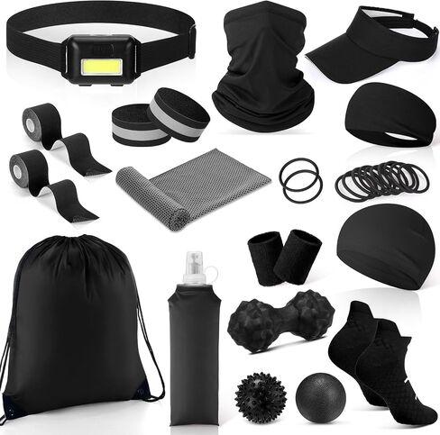 21 Pcs Runner Gift Set Marathon Gifts for Runners Men Women Running Accessories Includes Headlamp, Foldable Water Bottle, Visor, Headband, Cooling Towel, Wristband, Sock & More in Saudi Arabia