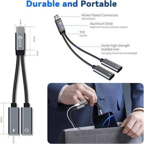 محول سماعة رأس وشاحن USB من النوع C إلى 3.5 مم، 2 في 1 USB C إلى Aux Audio Jack Hi-Res DAC مع شحن لسماعات الأذن، متوافق مع Samsung Galaxy S25/S24/S23/S22+ (USB-3.5MM، حزمة واحدة) in Saudi Arabia