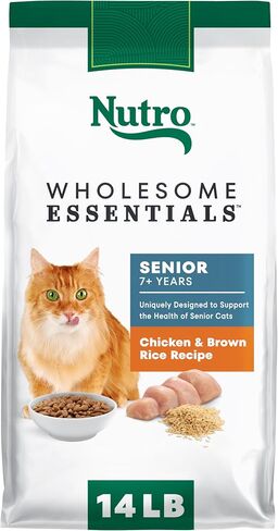 NUTRO WHOLESOME ESSENTIALS طعام قطط طبيعي جاف لكبار السن من أجل وزن صحي للدجاج المزروع في المزرعة ووصفة الأرز البني، 14 رطل. حقيبة in Kuwait