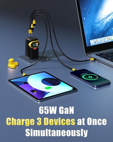 65W USB C Charger Block, 3-Port GaN Charger Compact Foldable Fast Charger for MacBook Pro/Air, Pixelbook, iPad Pro, iPhone 16/15/Pro, Galaxy S25/S24, Black Yellow in Saudi Arabia