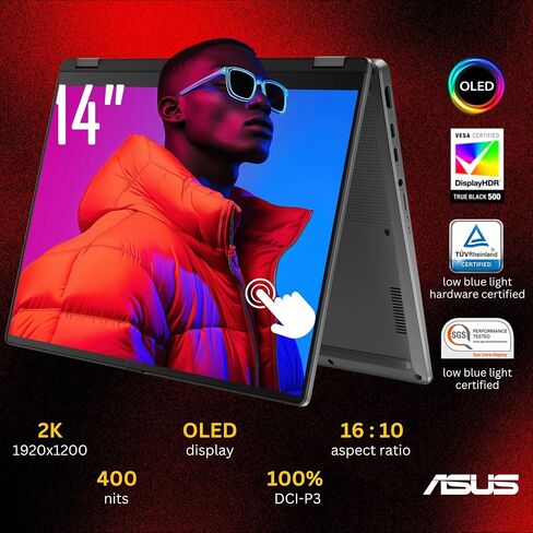 ASUS Vivobook Flip 2-in-1 Laptop, 14" 2K OLED Touchscreen, Intel Core Ultra 7 256V(>i9-12900K, 4.8 GHz), AI Ready, Copilot PC, Backlit Keyboard, Wi-Fi 7, Gray, Windows 11 Home(16GB DDR5 RAM | 2TB SSD) in Saudi Arabia