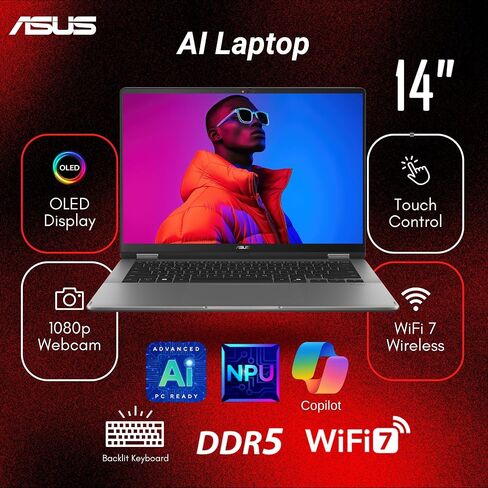 ASUS Vivobook Flip 2-in-1 Laptop, 14" 2K OLED Touchscreen, Intel Core Ultra 7 256V(>i9-12900K, 4.8 GHz), AI Ready, Copilot PC, Backlit Keyboard, Wi-Fi 7, Gray, Windows 11 Home(16GB DDR5 RAM | 2TB SSD) in Saudi Arabia