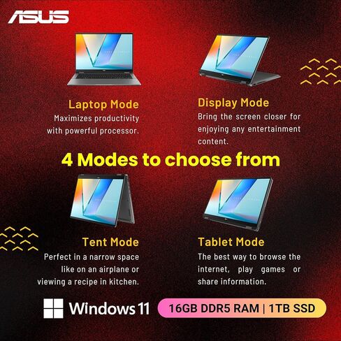 ASUS Vivobook Flip 2-in-1 Laptop, 14" 2K OLED Touchscreen, Intel Core Ultra 7 256V(>i9-12900K, 4.8 GHz), AI Ready, Copilot PC, Backlit Keyboard, Wi-Fi 7, Gray, Windows 11 Home(16GB DDR5 RAM | 2TB SSD) in Saudi Arabia
