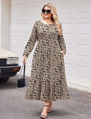 IN'VOLAND Women Plus Size Long Sleeve Dress Loose Casual Flowy Tiered Long Maxi Dresses with Pockets in Kuwait