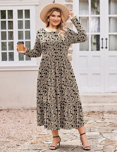 IN'VOLAND Women Plus Size Long Sleeve Dress Loose Casual Flowy Tiered Long Maxi Dresses with Pockets in Kuwait